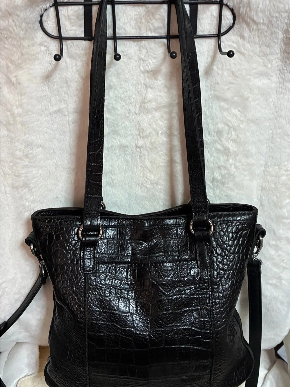 Patricia Nash Black Croc-Embossed Shoulder Bag with Gold Hardware